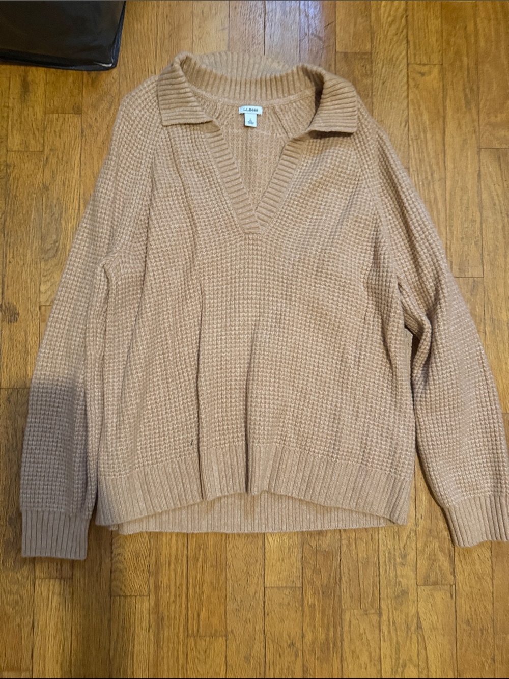 L.L. Bean Women's V-Neck Waffle Knit Sweater - Camel Tan